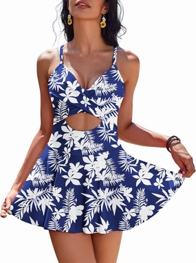 AI'MAGE Women's One Piece Swimdress V Neck Tie Back Skirt Swimsuit Push Up Tummy Control Bathing Suits