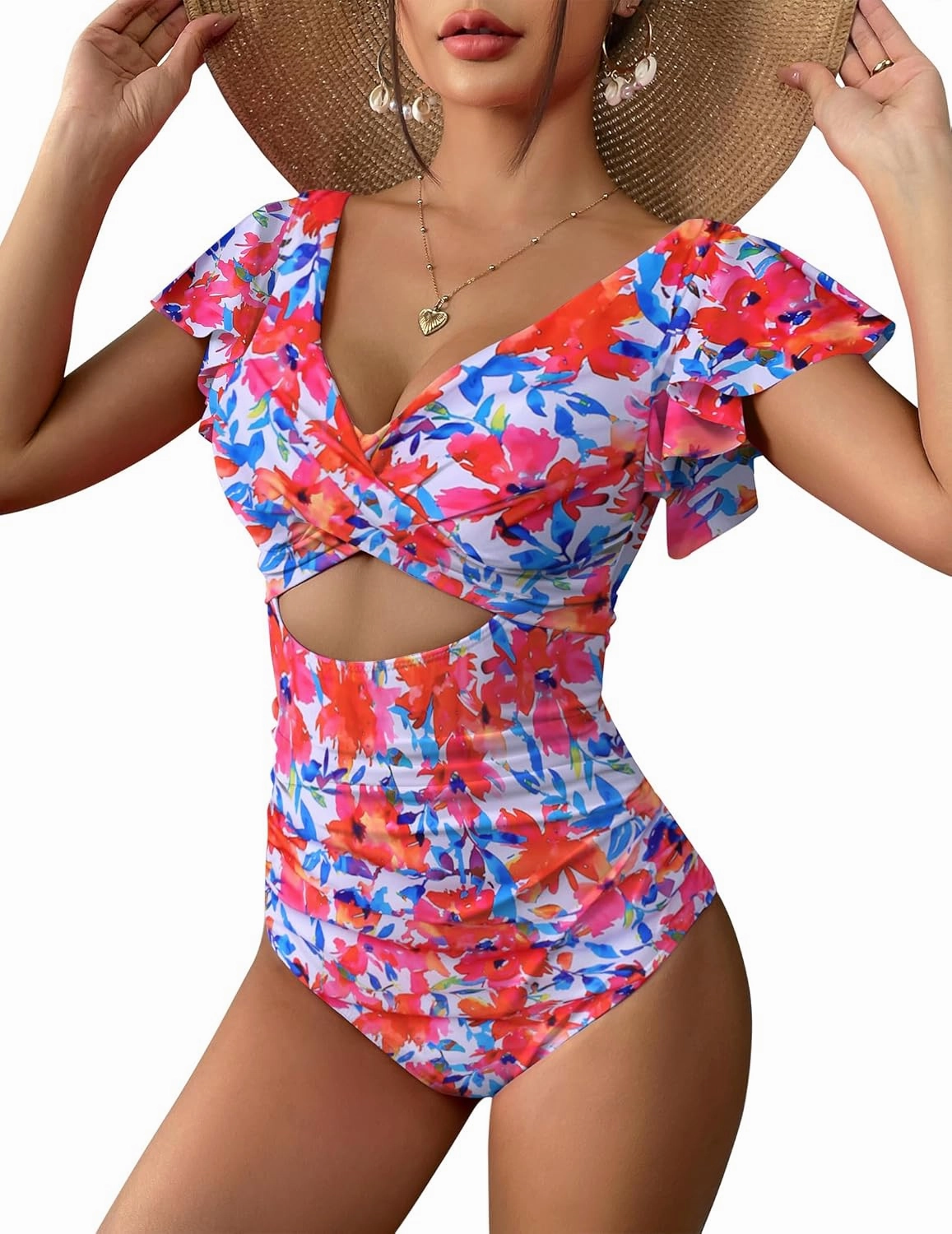 AI'MAGE Women's Ruffle One Piece Swimsuit V Neck Tummy Control Bathing Suits Cutout Backless Swimwear