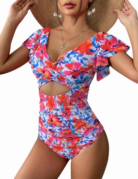 AI'MAGE Women's Ruffle One Piece Swimsuit V Neck Tummy Control Bathing Suits Cutout Backless Swimwear