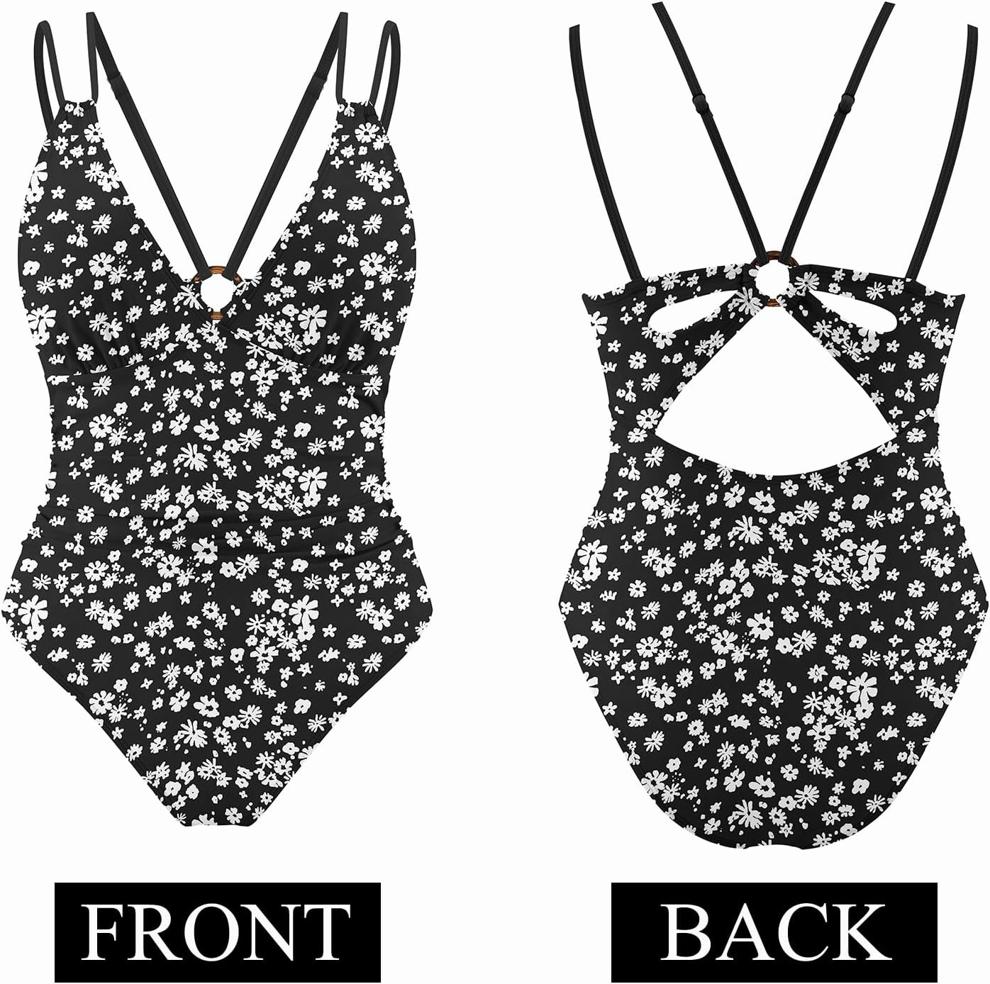 AI'MAGE Womens One Piece Swimsuit V Neck Ruched Bathing Suit Double Straps Crisscross Back Floral Print Swimwear S-XXL
