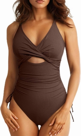 Aleumdr Women's Ribbed One Piece Swimsuit Tummy Control High Cut Bathing Suit Sexy V Neck Criss Cross Monikini