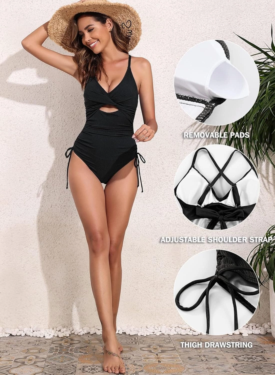 Aleumdr Women's Ribbed One Piece Swimsuit Tummy Control High Cut Bathing Suit Sexy V Neck Criss Cross Monikini