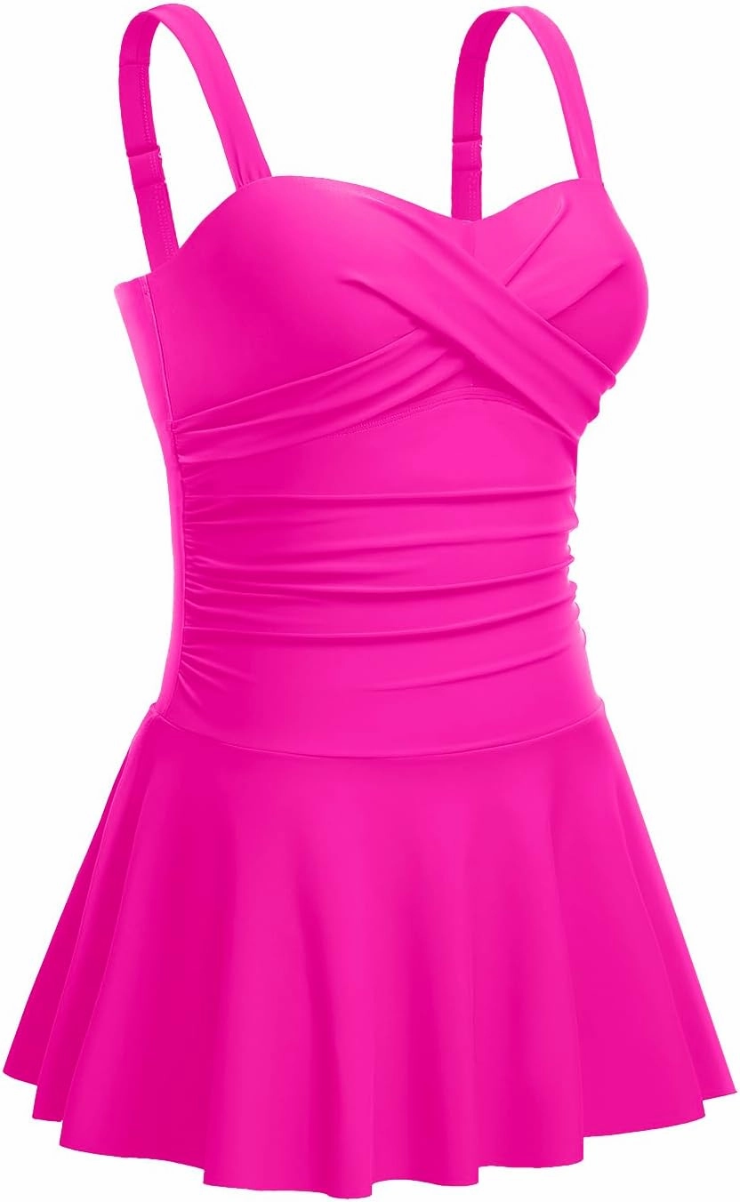 Aqua Eve One Piece Swim Dress Tummy Control Swimsuit with Skirt Modest Bathing Suit Vintage Swimdress