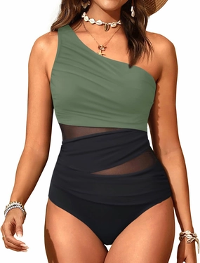 Aqua Eve Women Mesh One Piece Swimsuit - Tummy Control One Shoulder Bathing Suit Cut Out Swimwear 2025