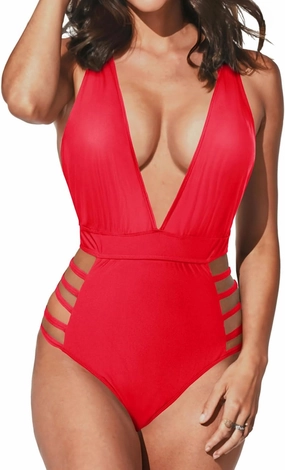 Aqua Eve Women Sexy One Piece Swimsuits Halter Plunge V Neck Cutout Bathing Suits