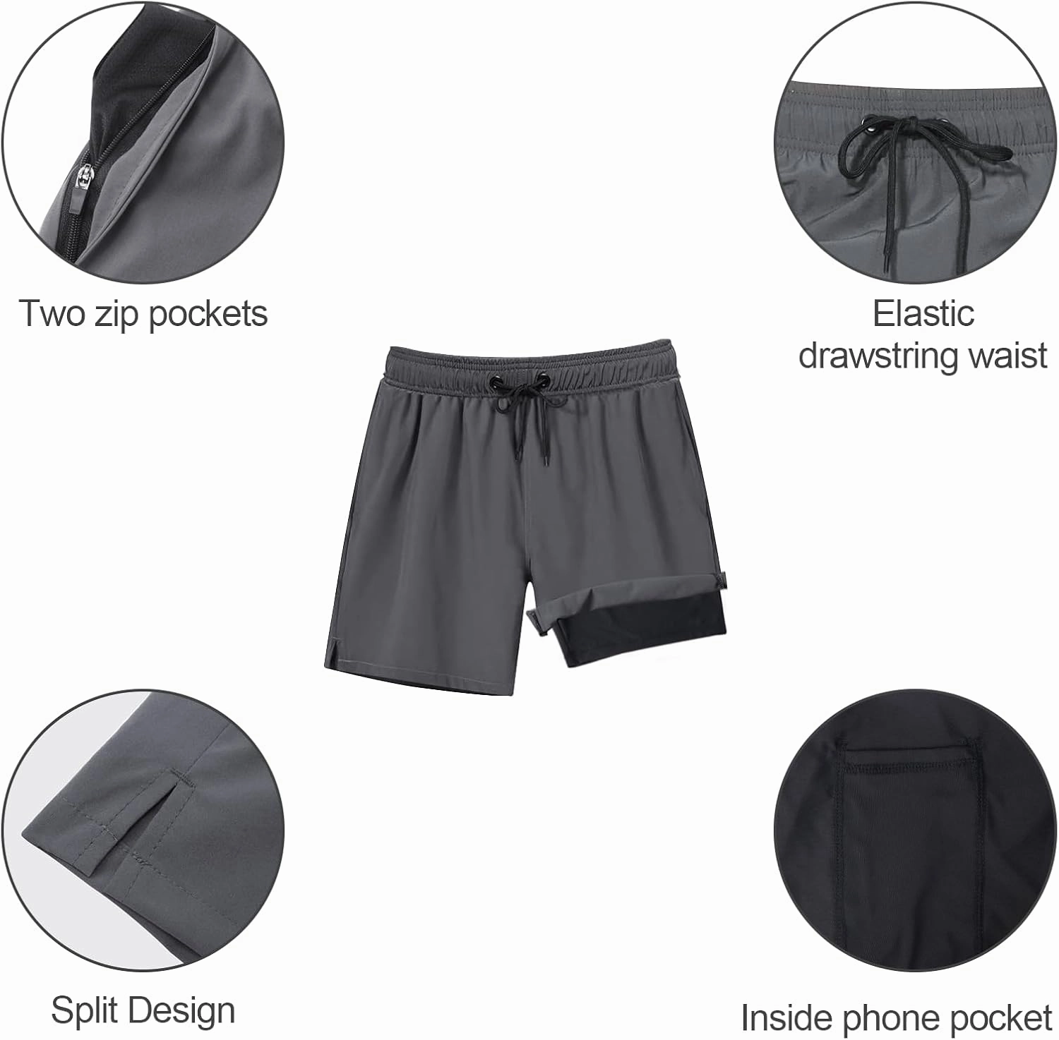 Arcweg Mens Swim Trunks with Compression Liner 2 in 1 Beach Swimming Trunks Quick Dry Swim Shorts with Zipper Pockets