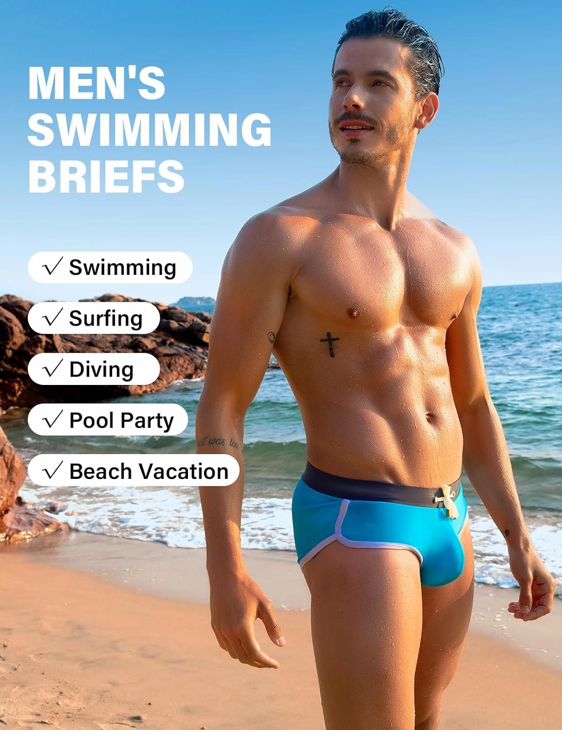Arjen Kroos Men's Swim Briefs Sexy Bikini Contrast Color Swimsuit Swimming Briefs with Drawstring
