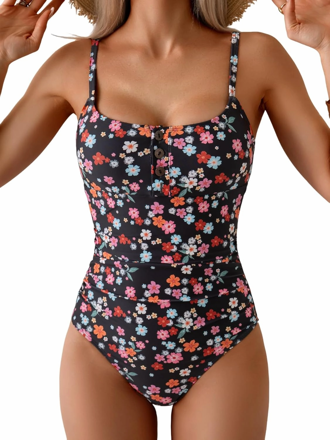 B2prity One Piece Swimsuit for Women Tummy Control Retro Bathing Suit Button Up Slimming Swimwear