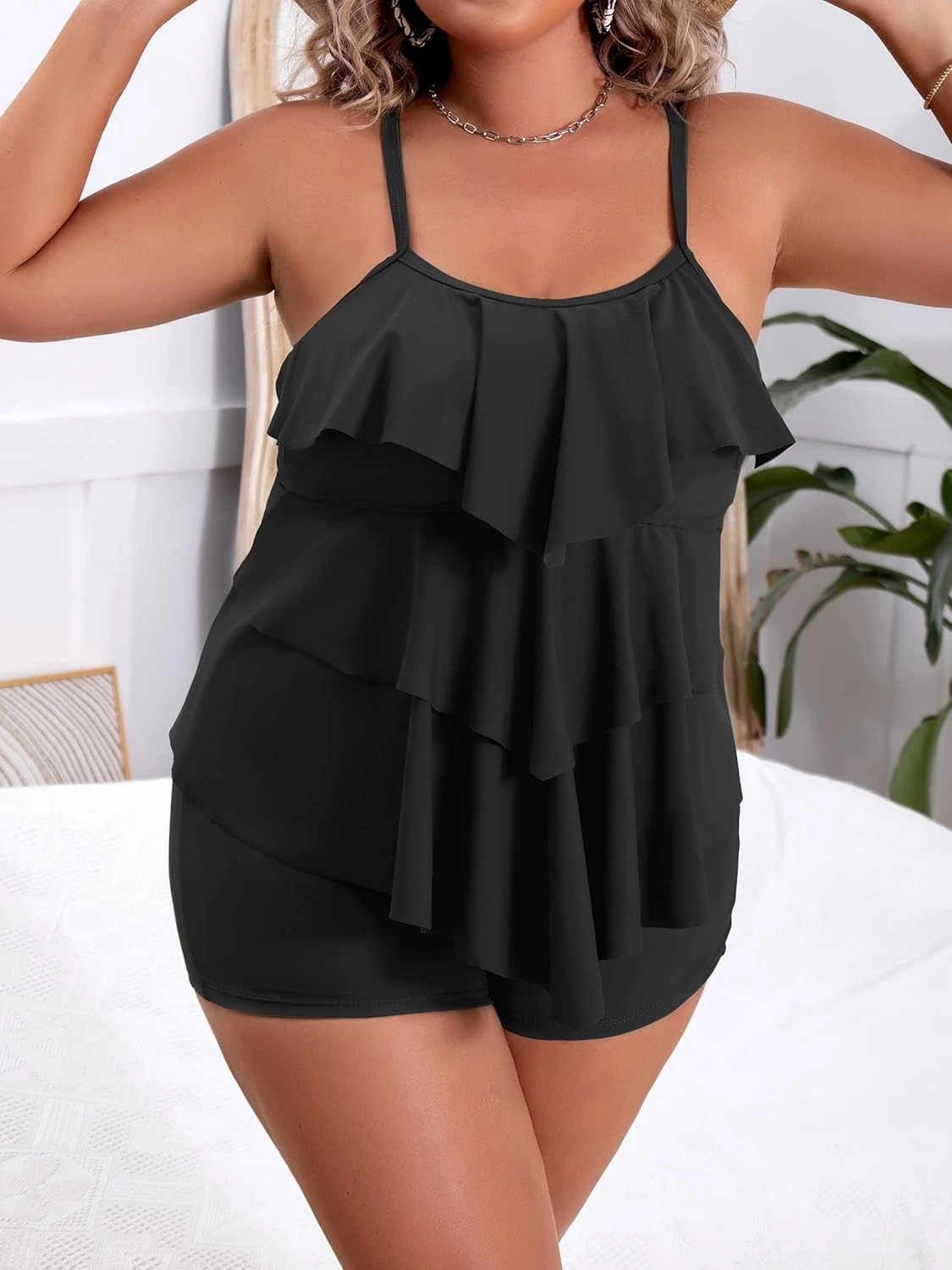 B2prity Women Plus Size Tankini Swimsuits Tummy Control Two Piece Bathing Suit Ruffled Flounce Swimwear with Shorts