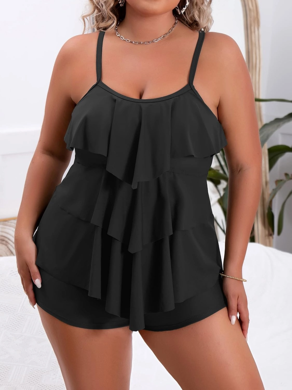B2prity Women Plus Size Tankini Swimsuits Tummy Control Two Piece Bathing Suit Ruffled Flounce Swimwear with Shorts