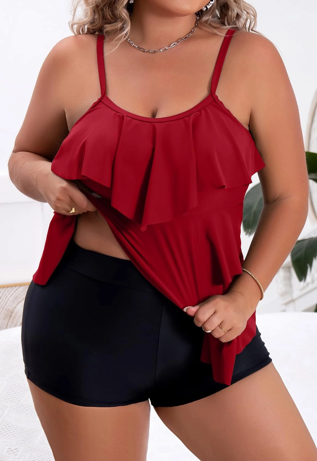 B2prity Women Plus Size Tankini Swimsuits Tummy Control Two Piece Bathing Suit Ruffled Flounce Swimwear with Shorts