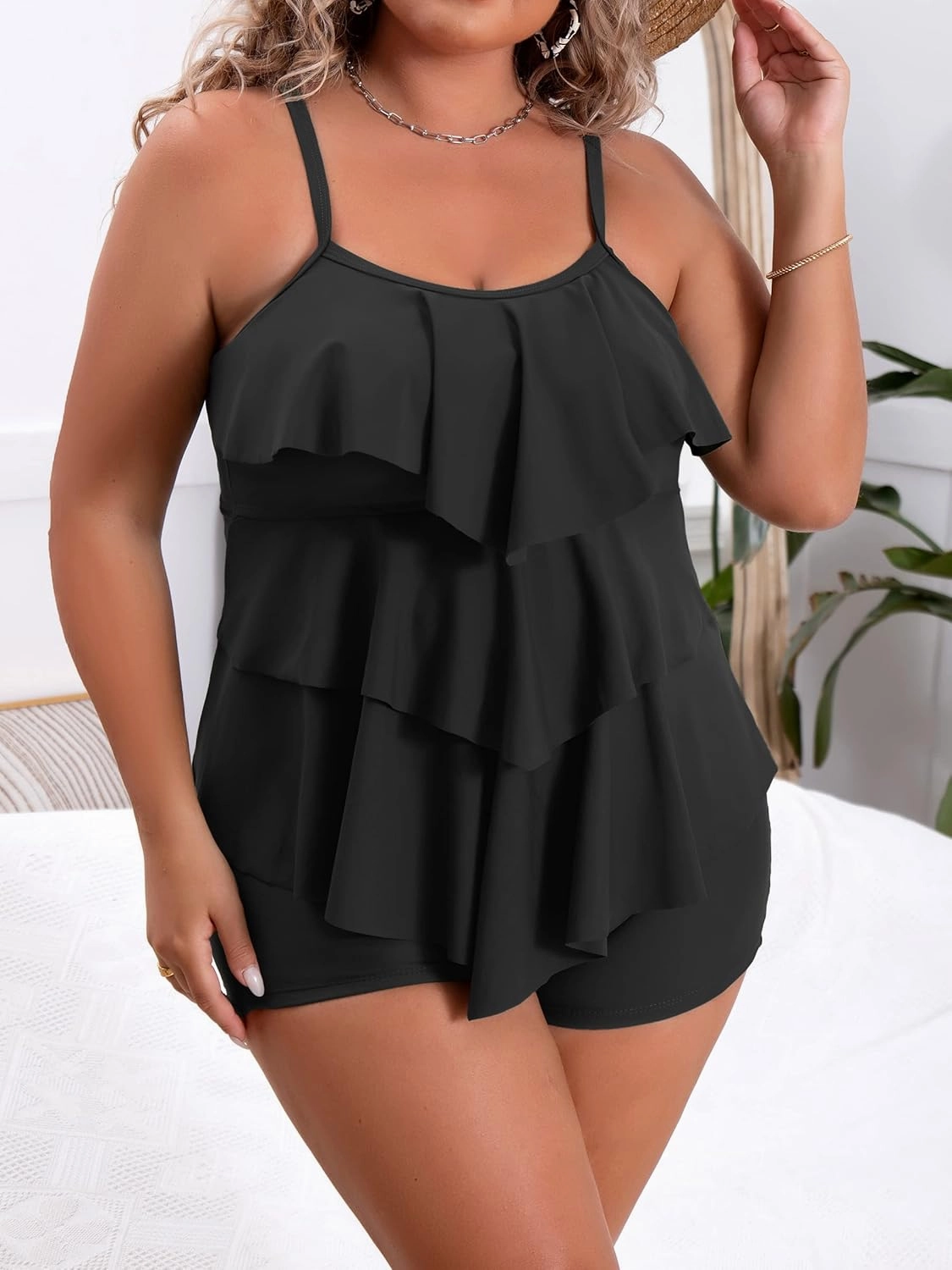 B2prity Women Plus Size Tankini Swimsuits Tummy Control Two Piece Bathing Suit Ruffled Flounce Swimwear with Shorts