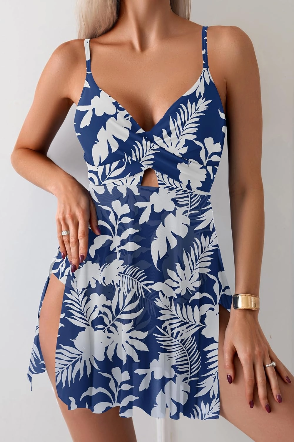 B2prity Women's One Piece Swim Dress Wrap Swimsuits Tummy Control Cutout Bathing Suit Mesh Split Hem Swimdess