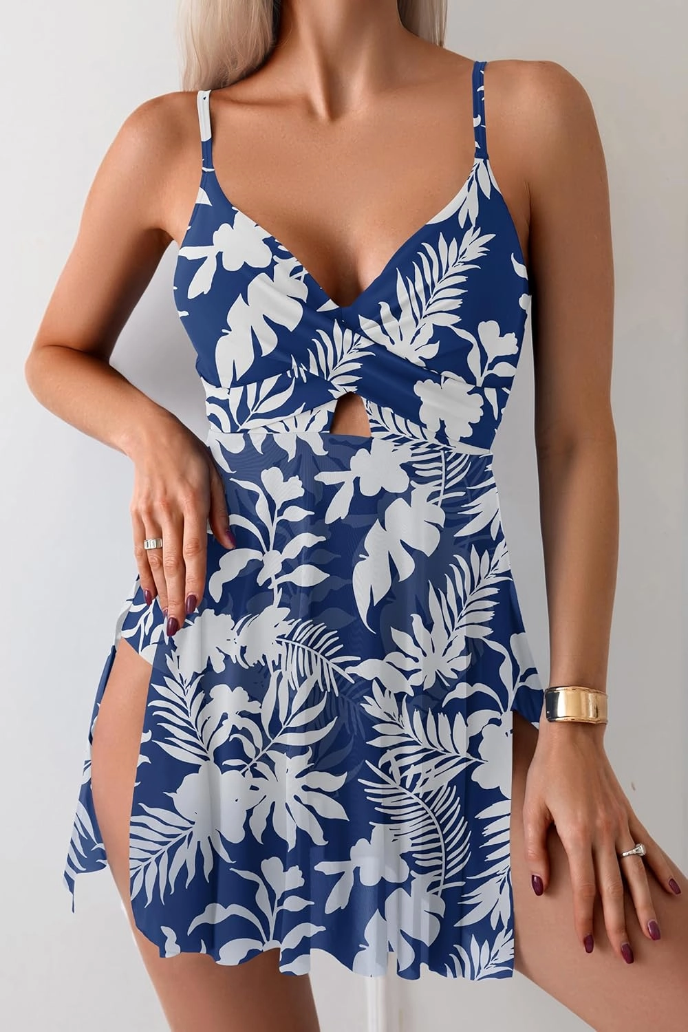 B2prity Women's One Piece Swim Dress Wrap Swimsuits Tummy Control Cutout Bathing Suit Mesh Split Hem Swimdess