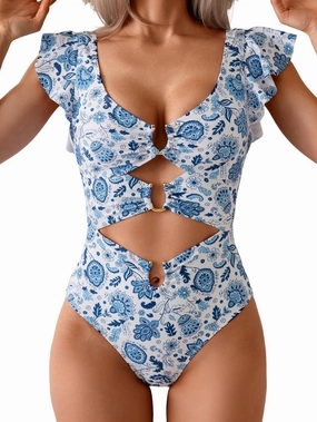 B2prity Women's One Piece Swimsuit Ruffle Sleeve Cut Out Bathing Suit Tie Back High Waisted Swim Suit