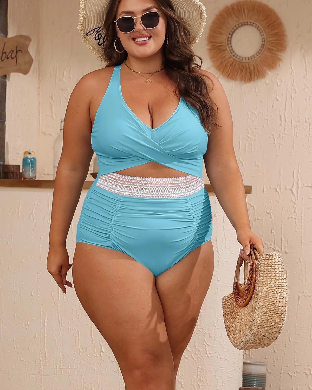 B2prity Women's Plus Size One Piece Swimsuit Tummy Control V Neck Bathing Suit Ruched High Waisted Cutout Swimwear