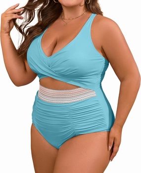 B2prity Women's Plus Size One Piece Swimsuit Tummy Control V Neck Bathing Suit Ruched High Waisted Cutout Swimwear