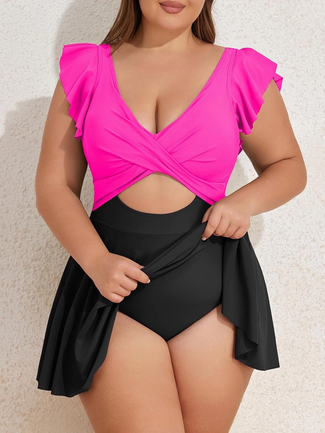 B2prity Women's Plus Size Swimsuit Tummy Control One Piece Swimdress Ruffle V Neck Cutout Wrap Bathing Suit with Skirt