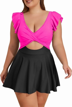 B2prity Women's Plus Size Swimsuit Tummy Control One Piece Swimdress Ruffle V Neck Cutout Wrap Bathing Suit with Skirt