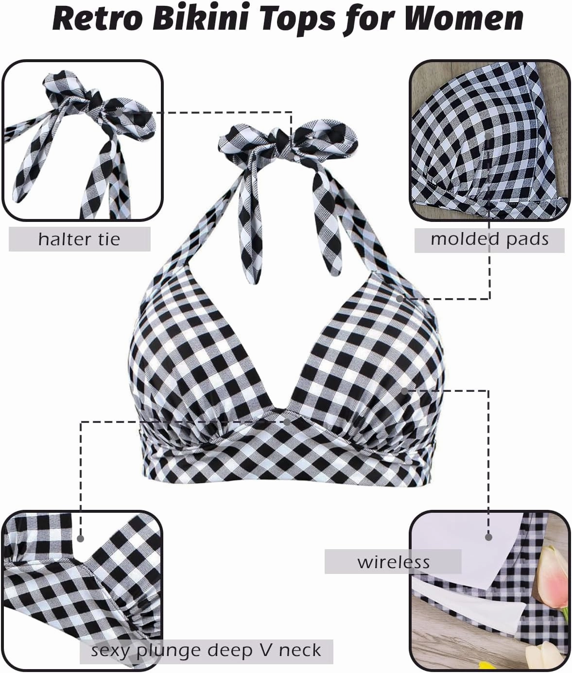 Balasami Women's Vintage 50s Halter Neck Tie Knot Back Soft Molded Padding Bikini Top Swimsuit Bathing Suit Tops Only