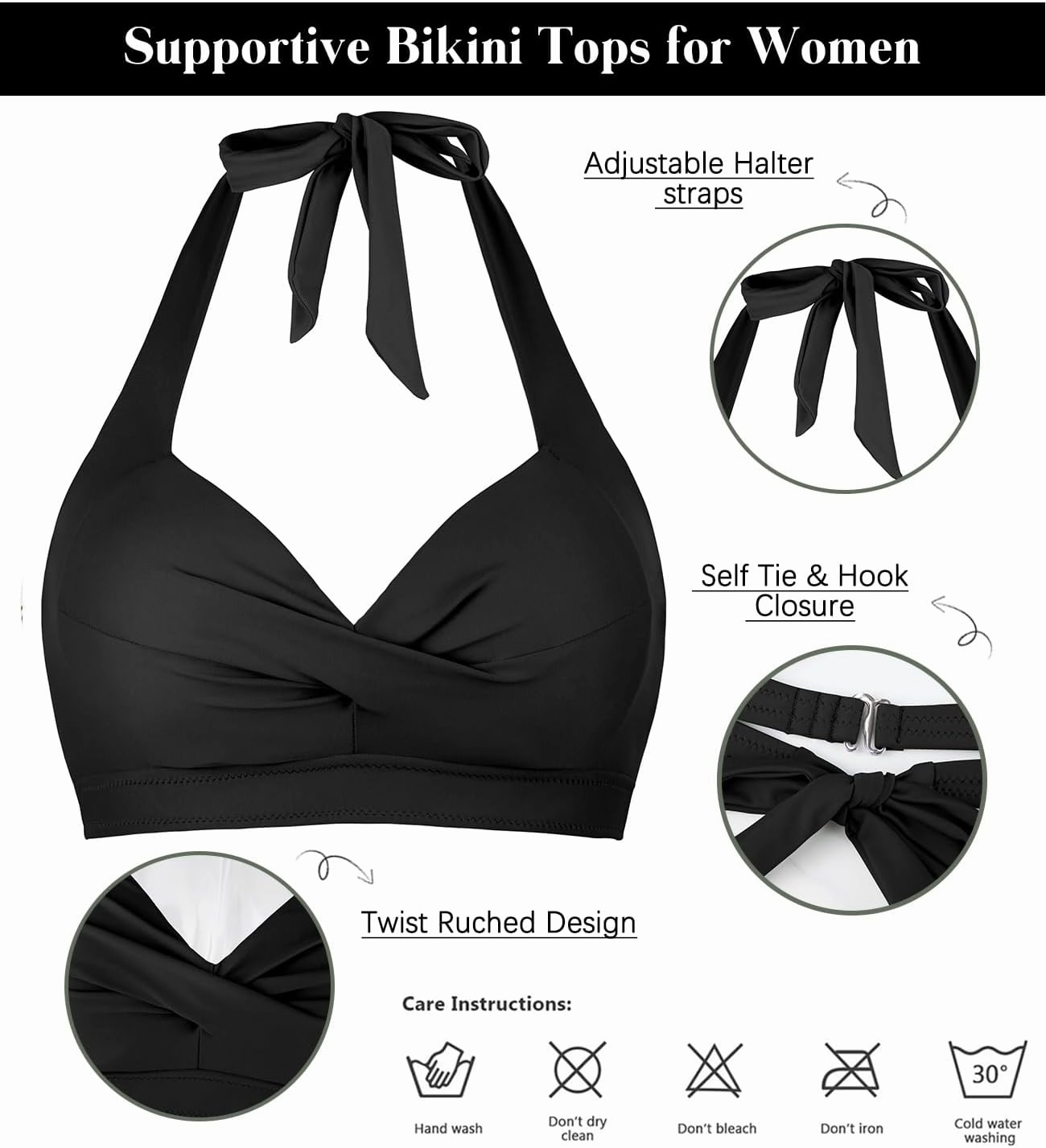 Balasami Women's Vintage 50s Halter Neck Tie Knot Back Soft Molded Padding Bikini Top Swimsuit Bathing Suit Tops Only