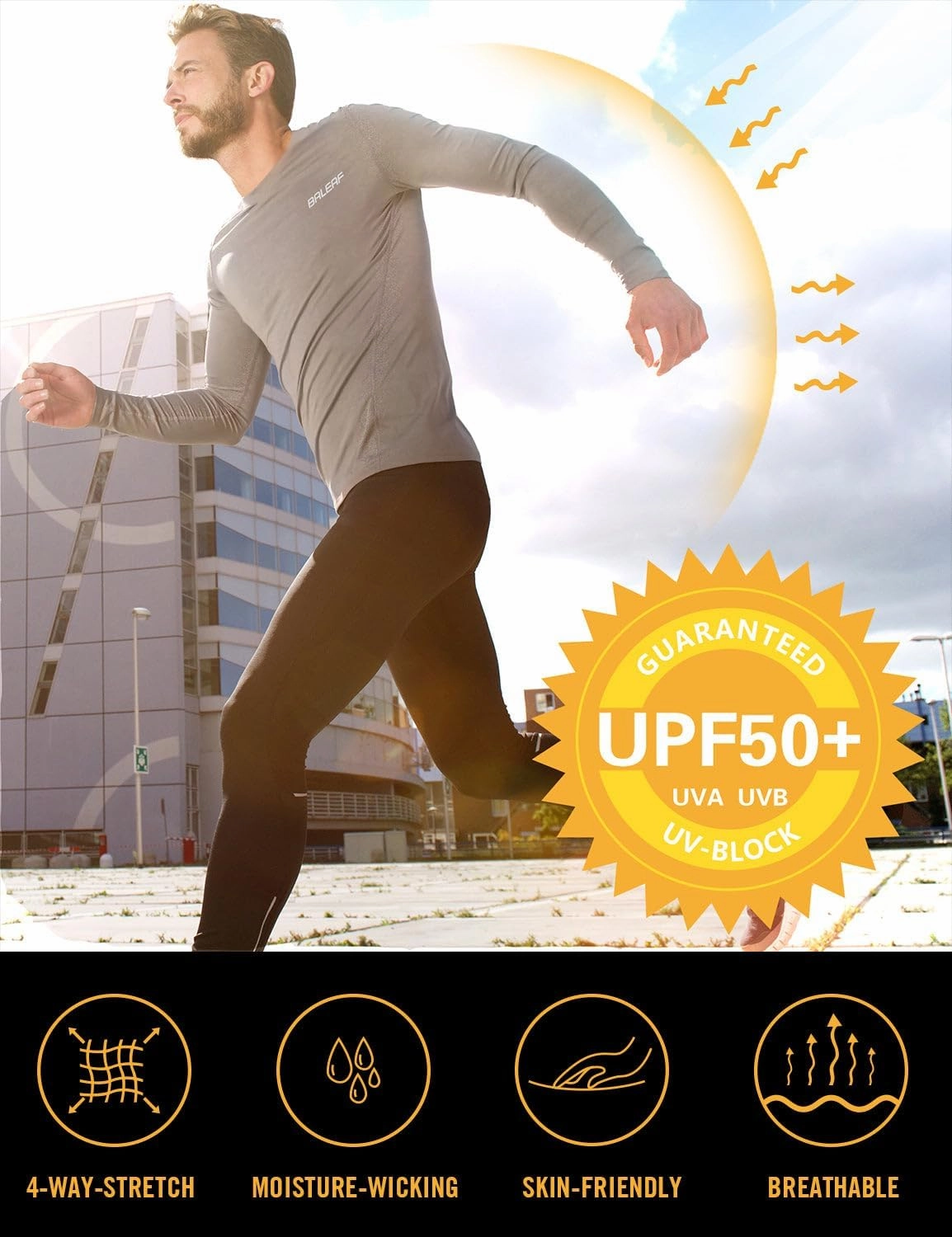 baleaf Men's Sun Protection Shirts UV SPF UPF 50  Long Sleeve Rash Guard Fishing Running Quick Dry Lightweight
