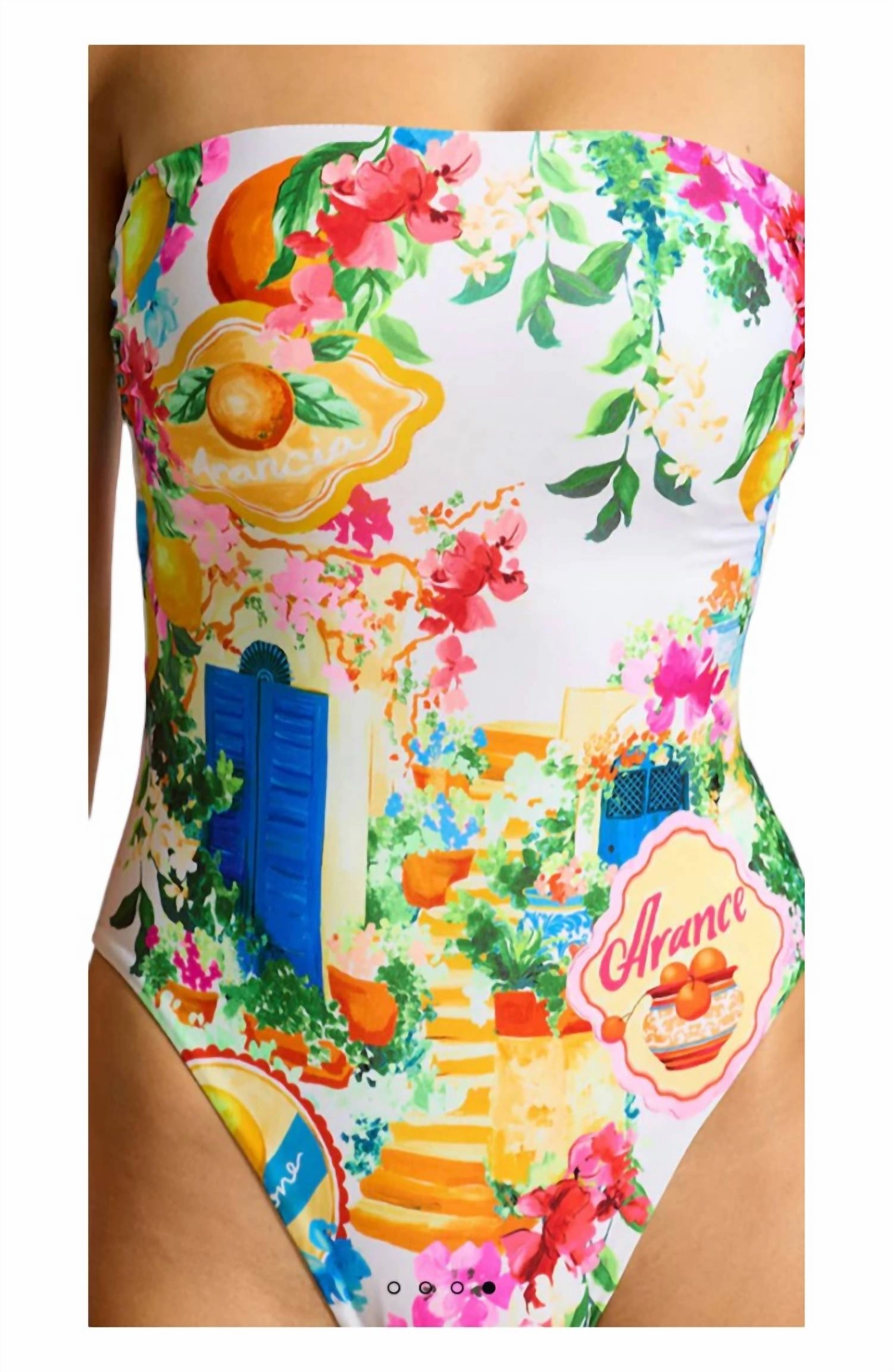 Bandeau Postcard Print One Piece In White Multi