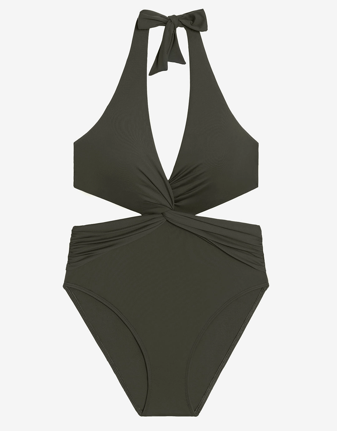 Beach Club Solids Cut Out Halter Swimsuit - Olive