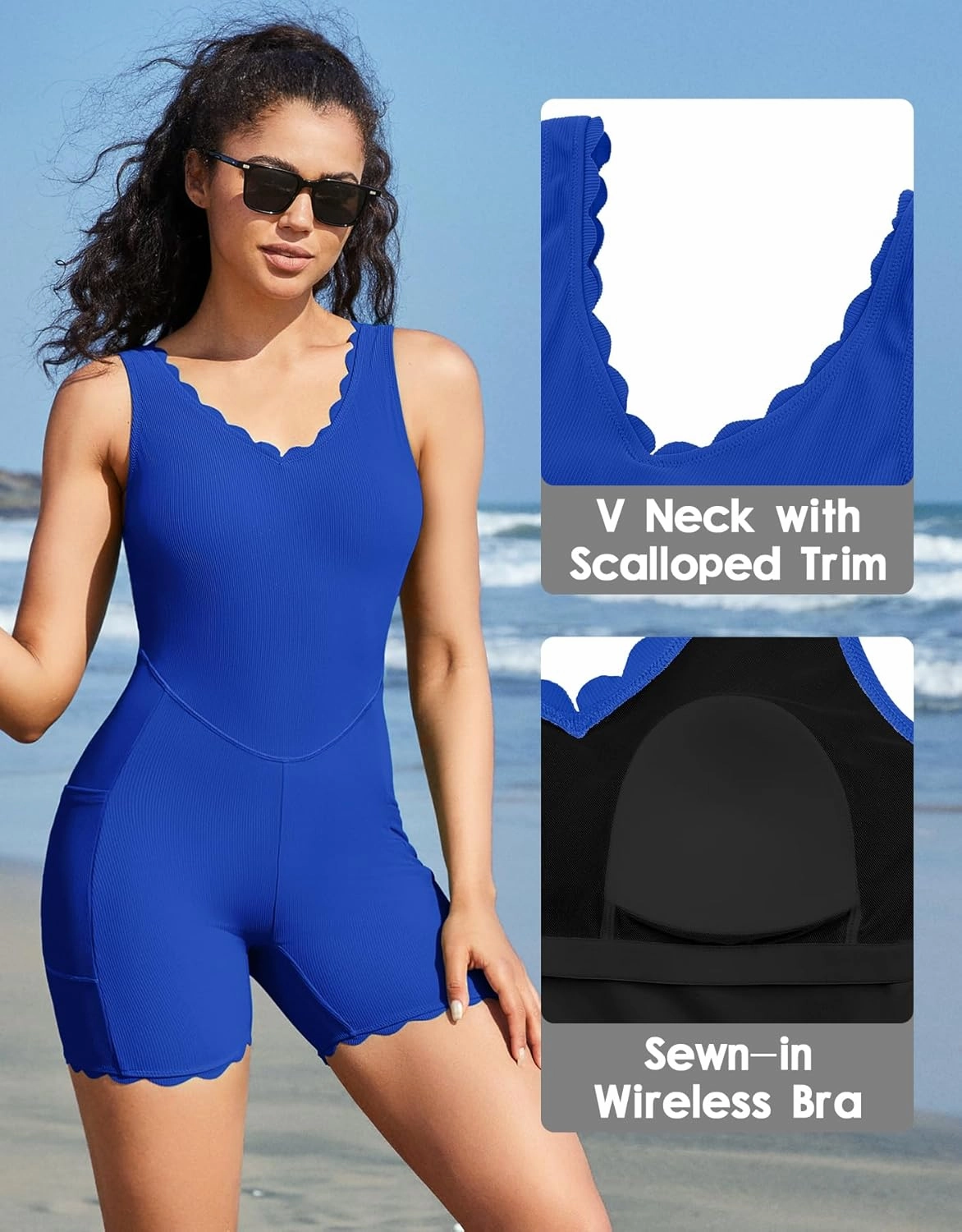 beautyin Womens Athletic One Piece Swimsuit Ribbed Boyleg Side Pocket Bathing Suit
