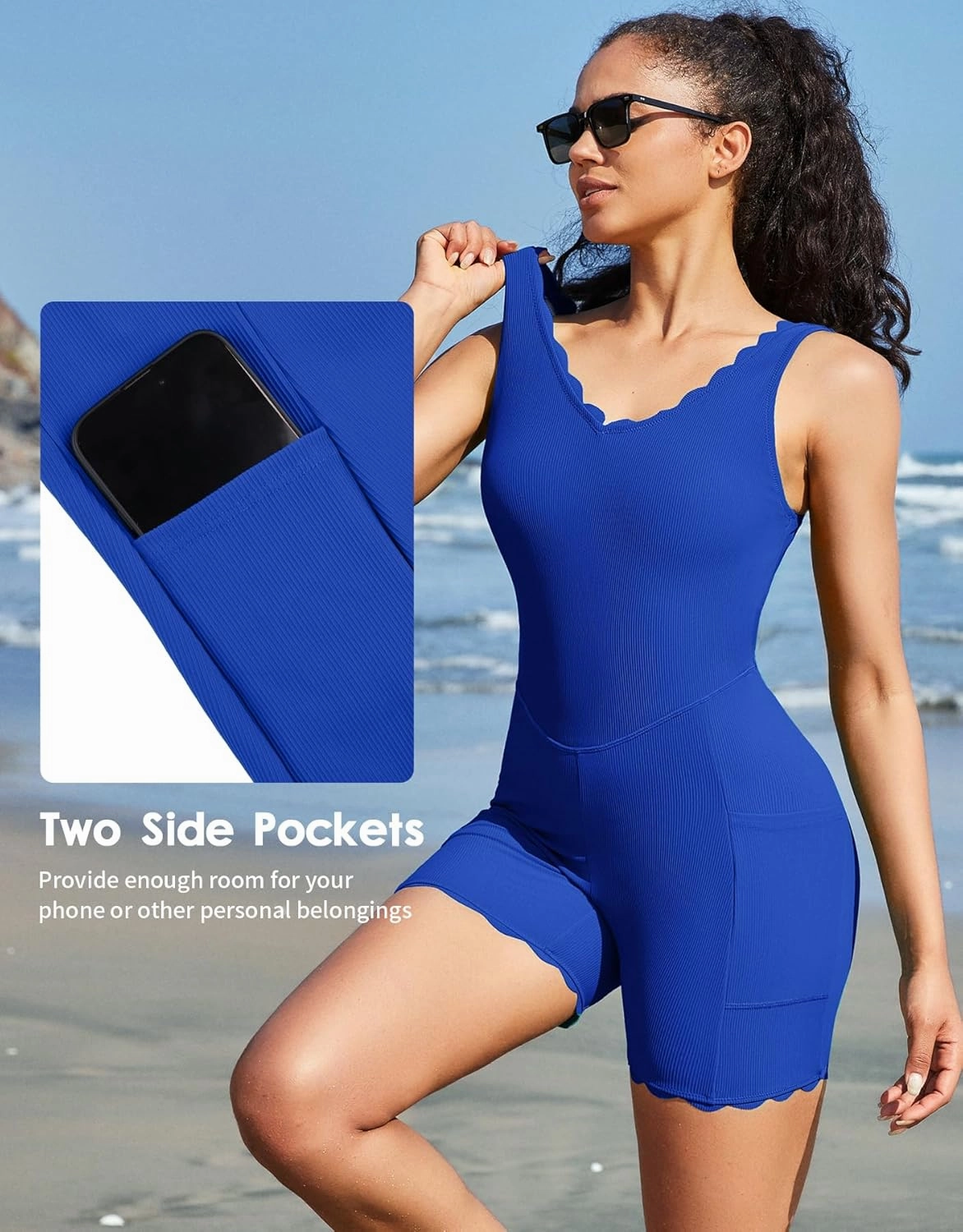 beautyin Womens Athletic One Piece Swimsuit Ribbed Boyleg Side Pocket Bathing Suit