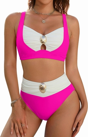 Blooming Jelly Womens High Waisted Bikini Sets Tummy Control Swimsuits Color Block Two Piece Bathing Suit Retro Swimwear
