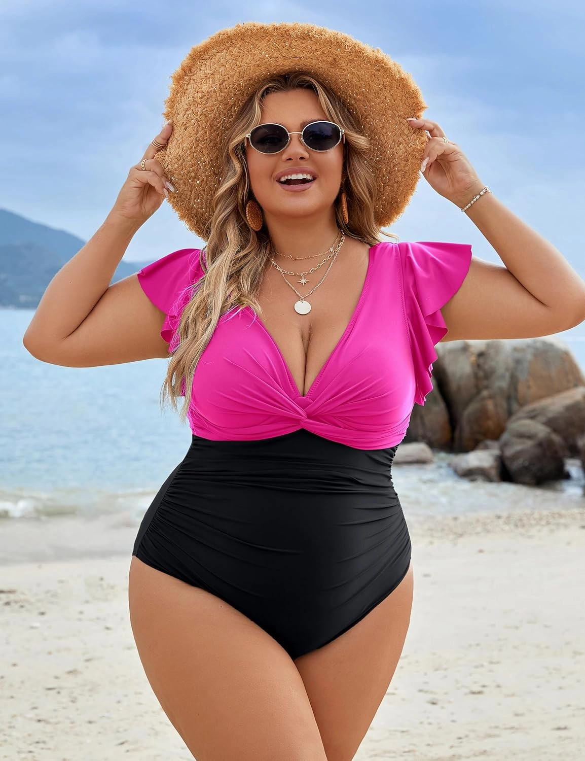 Blooming Jelly Womens Tummy Control Swimsuit V Neck One Piece Bathing Suits Slimming Lace-up Ruffle Swimwear
