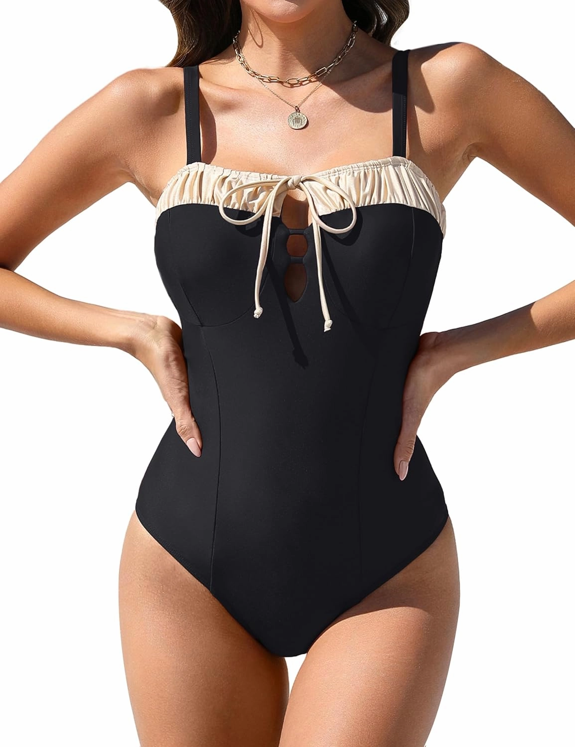 BMJL Womens One Piece Swimsuits Retro Black Tummy Control Bathing Suits Elegent Tie Front Swimwear