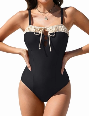 BMJL Womens One Piece Swimsuits Retro Black Tummy Control Bathing Suits Elegent Tie Front Swimwear