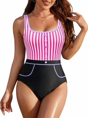 BMJL Womens Tummy Control Swimsuits Retro Vintage One Piece Bathing Suits Slimming Color Block Stripes Swimwear