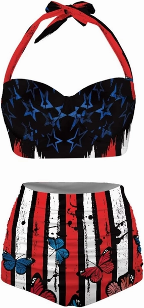 Butterfly Women's Retro Ruched Ruffle High Waist Bikini Set, Flag Tankini Swimsuits Tummy Control Swimwear