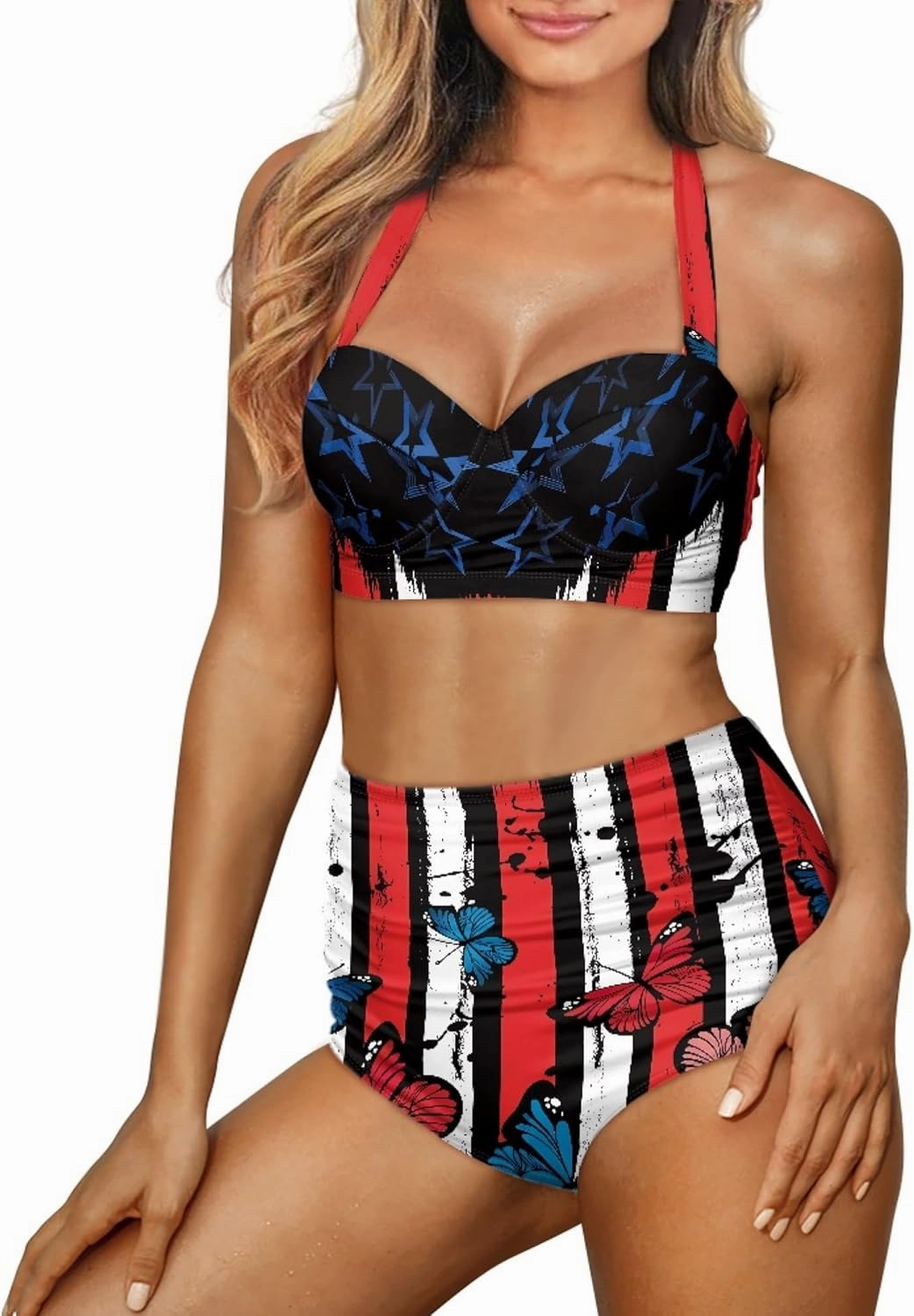 Butterfly Women's Retro Ruched Ruffle High Waist Bikini Set, Flag Tankini Swimsuits Tummy Control Swimwear