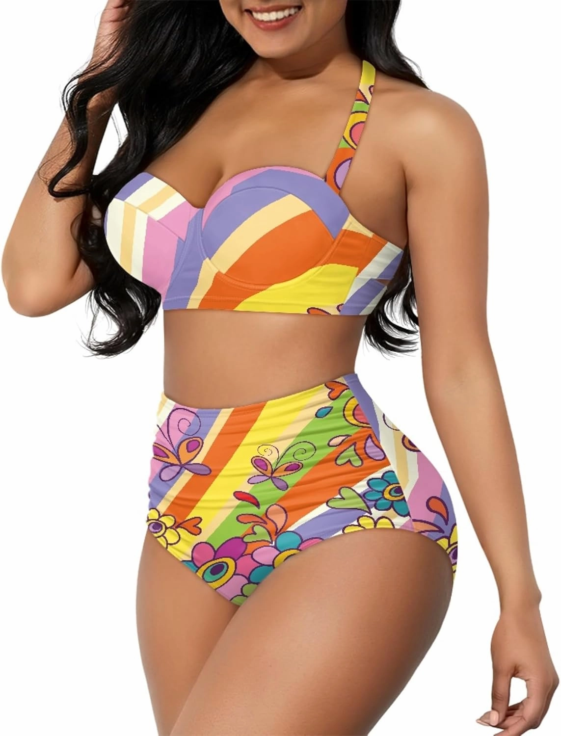 Butterfly Women's Retro Ruched Ruffle High Waist Bikini Set, Flag Tankini Swimsuits Tummy Control Swimwear