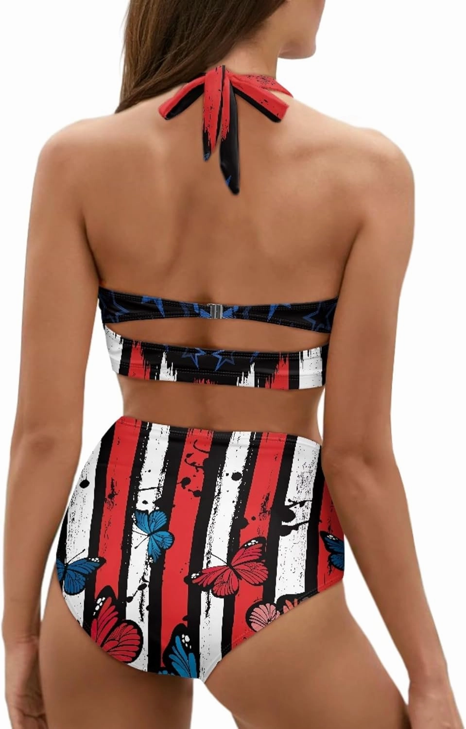Butterfly Women's Retro Ruched Ruffle High Waist Bikini Set, Flag Tankini Swimsuits Tummy Control Swimwear