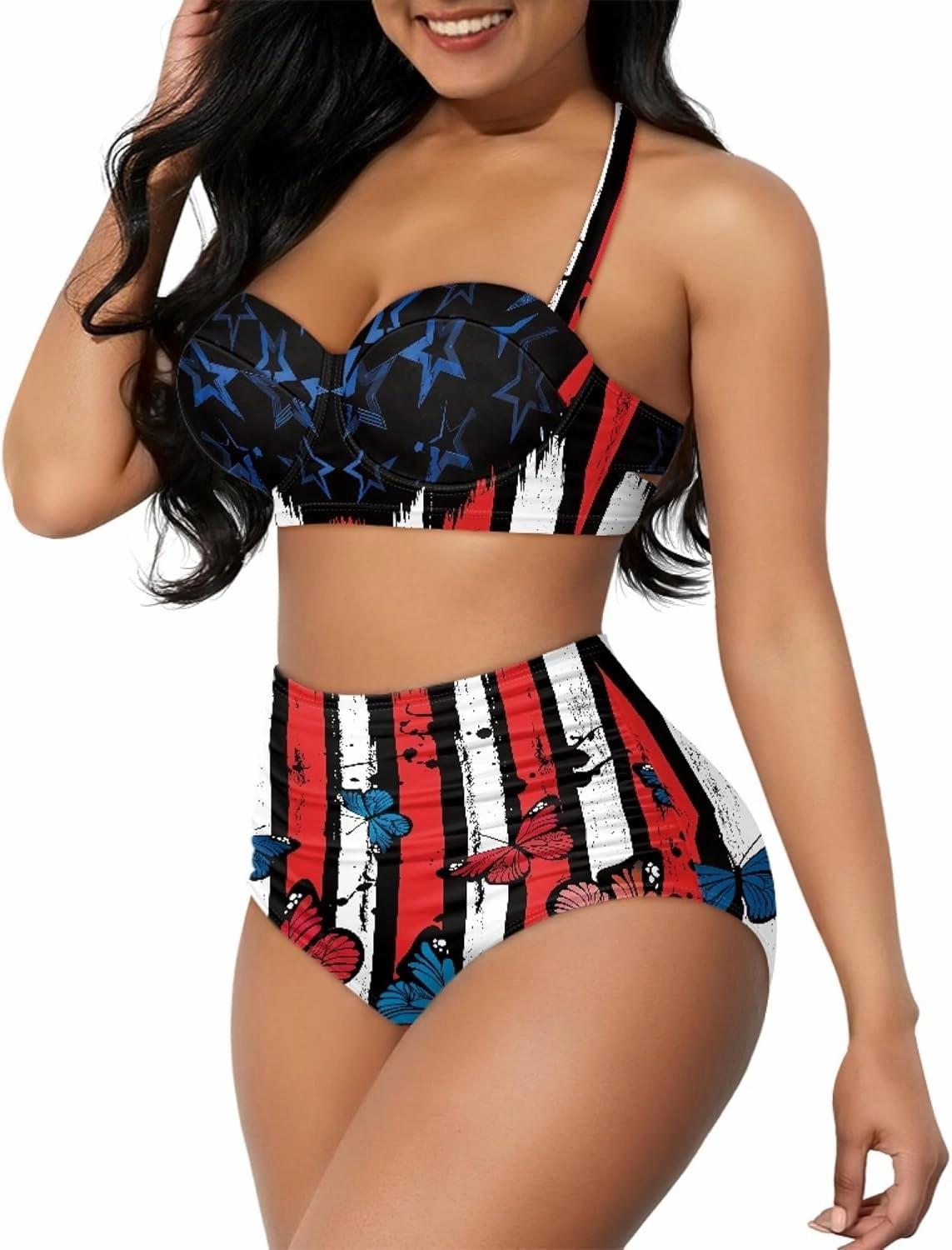 Butterfly Women's Retro Ruched Ruffle High Waist Bikini Set, Flag Tankini Swimsuits Tummy Control Swimwear