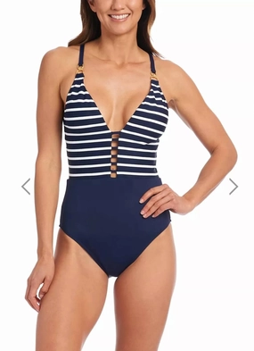 Capri Stripe Plunge One Piece Swimsuit In Indigo