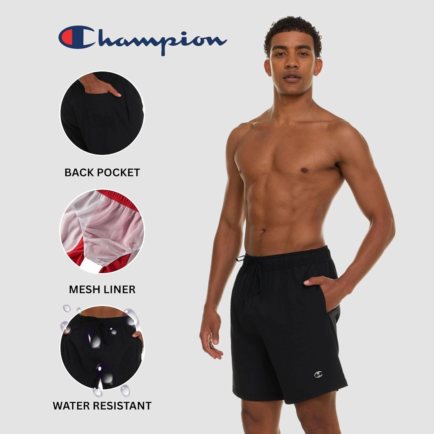 Champion Mens Swim Trunks with Mesh Liner, Quick Drying Mens Bathing Suit, Board Shorts for Swimming and Beach