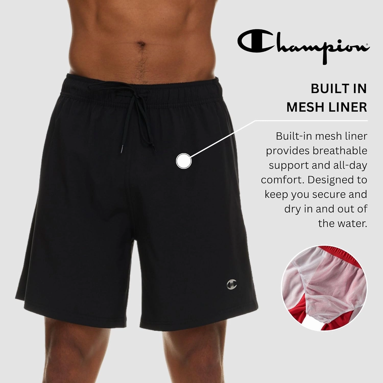 Champion Mens Swim Trunks with Mesh Liner, Quick Drying Mens Bathing Suit, Board Shorts for Swimming and Beach