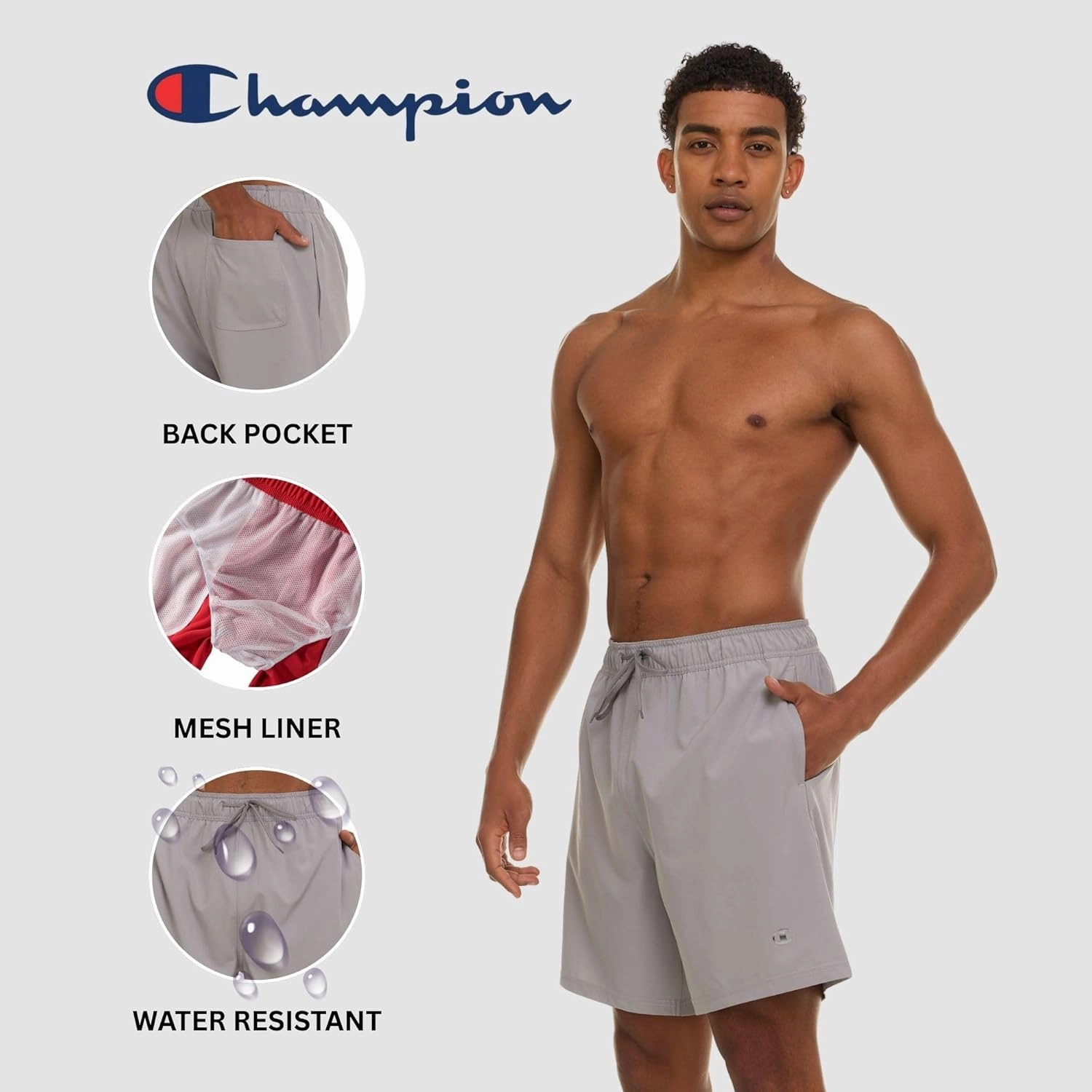 Champion Mens Swim Trunks with Mesh Liner, Quick Drying Mens Bathing Suit, Board Shorts for Swimming and Beach
