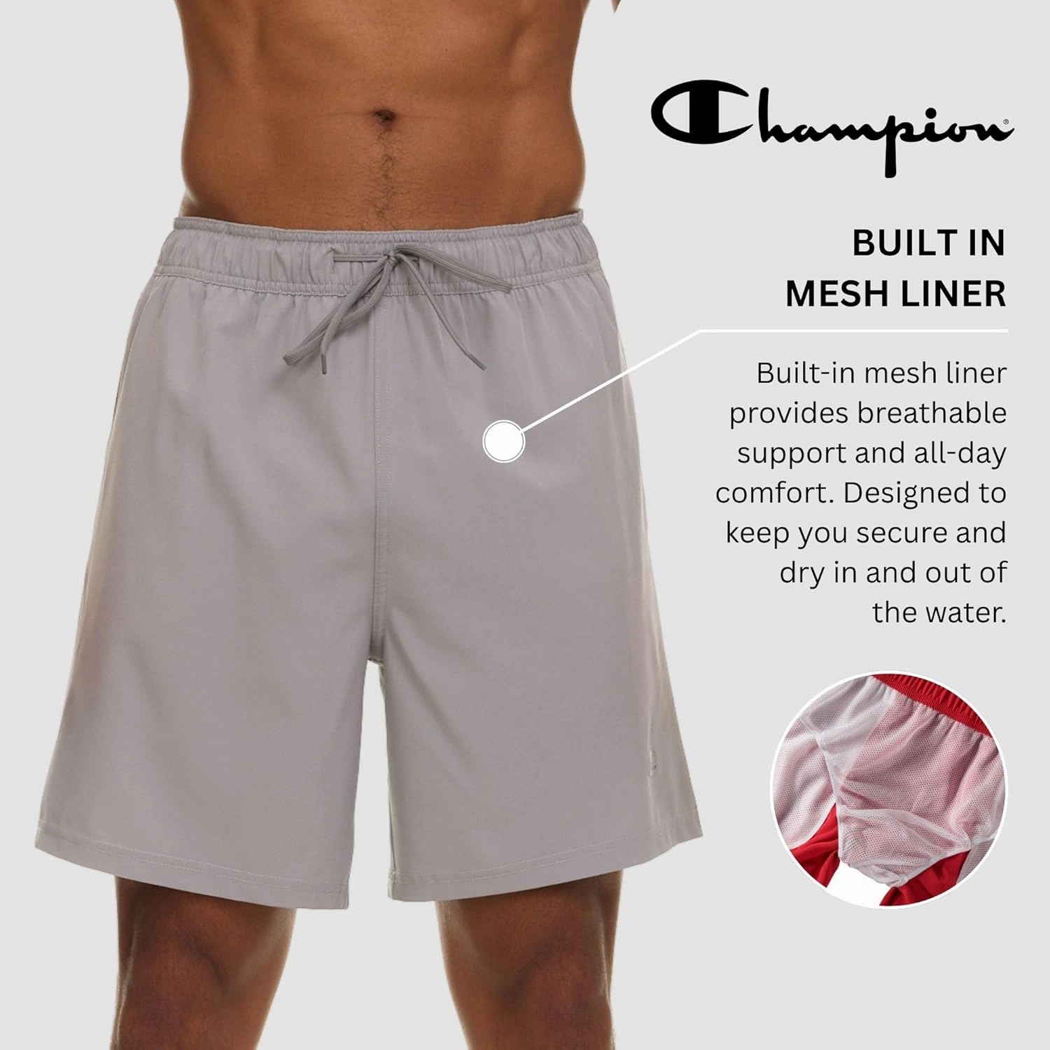 Champion Mens Swim Trunks with Mesh Liner, Quick Drying Mens Bathing Suit, Board Shorts for Swimming and Beach