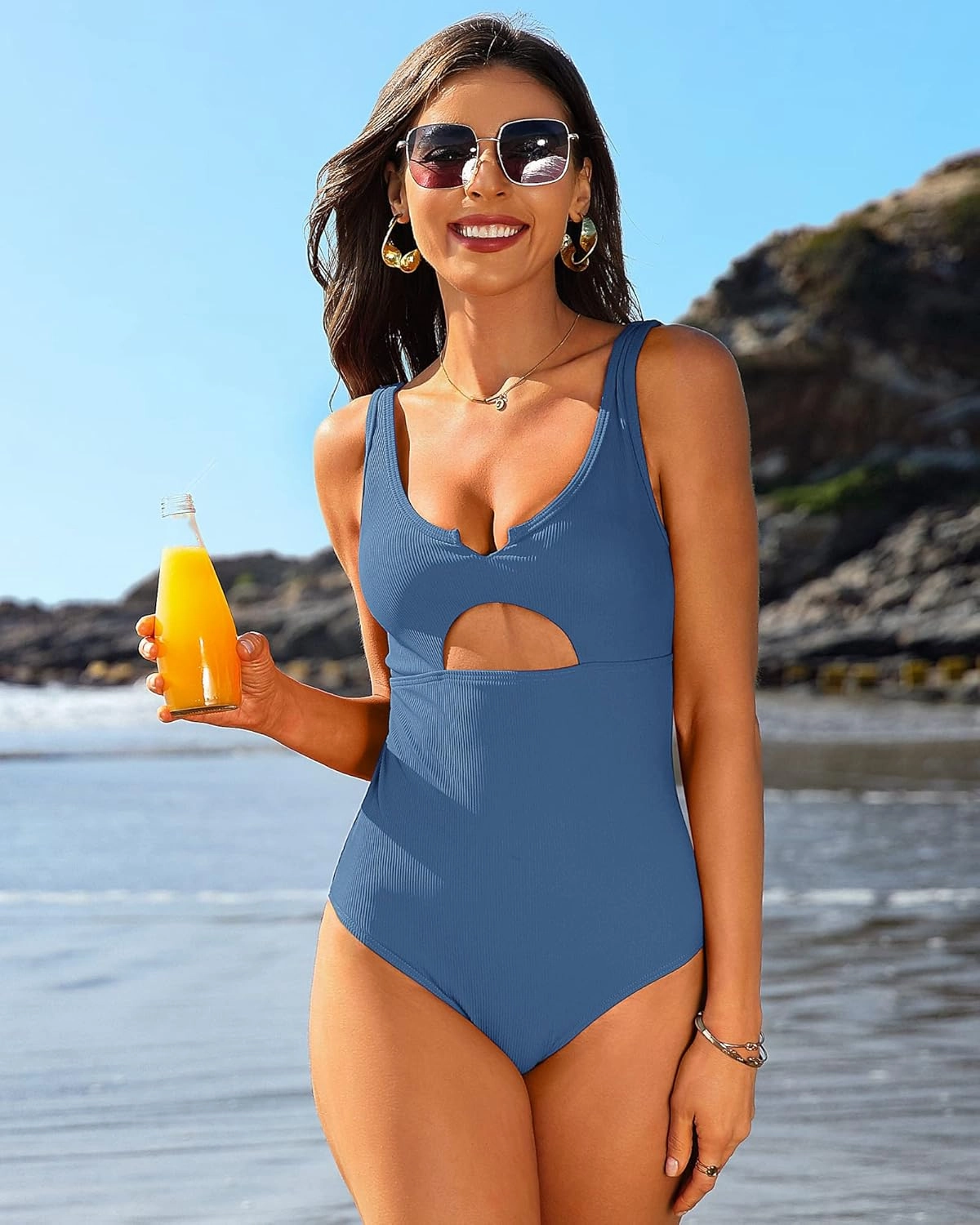 Charmo Ribbed One Piece Swimsuits for Women Cutout Scoop Neck Bathing Suit High Cut Padded Monokini