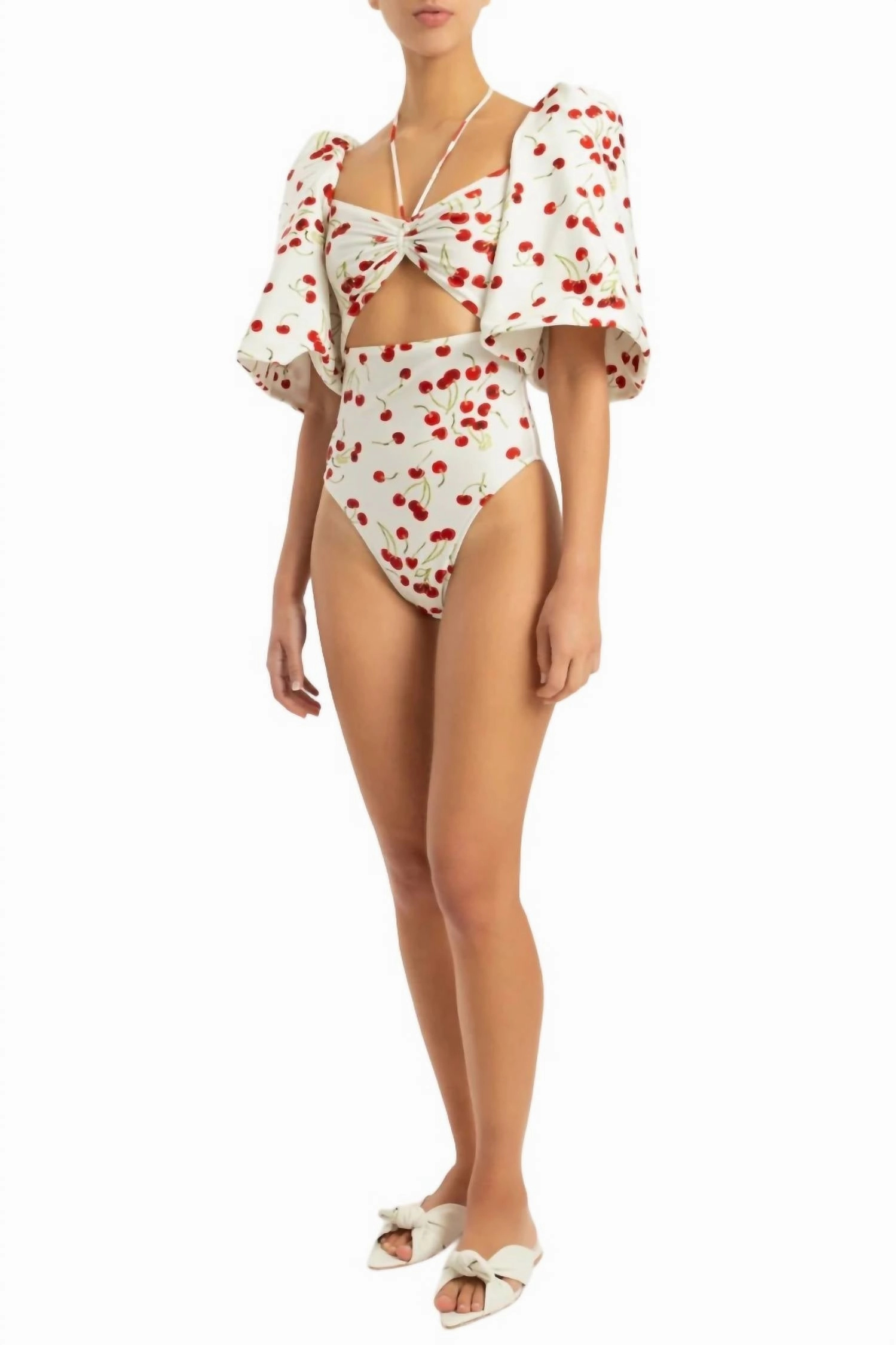 Cherry Bomb Puff-Sleeved Swimsuit In Off White
