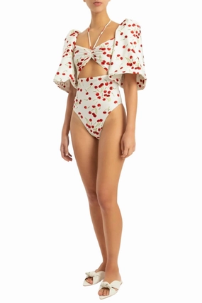 Cherry Bomb Puff-Sleeved Swimsuit In Off White