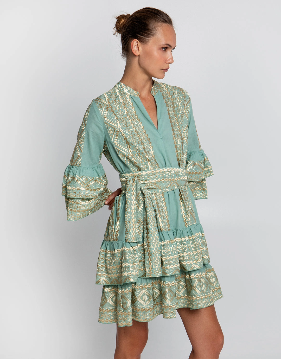 Classic Triangle Layered Mini Dress with Sash - Sea Green and Gold