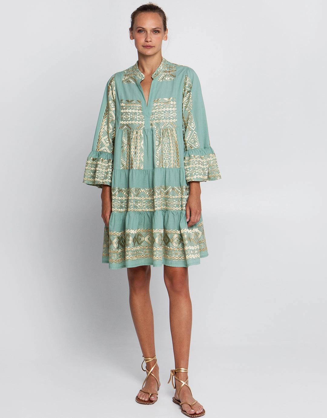 Classic Triangle Long Sleeve Mini Dress - Sea Green and Gold